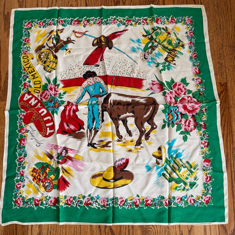 Colorful 1950-1960 Vintage Tijuana Old Mexico Scarf with Green Border